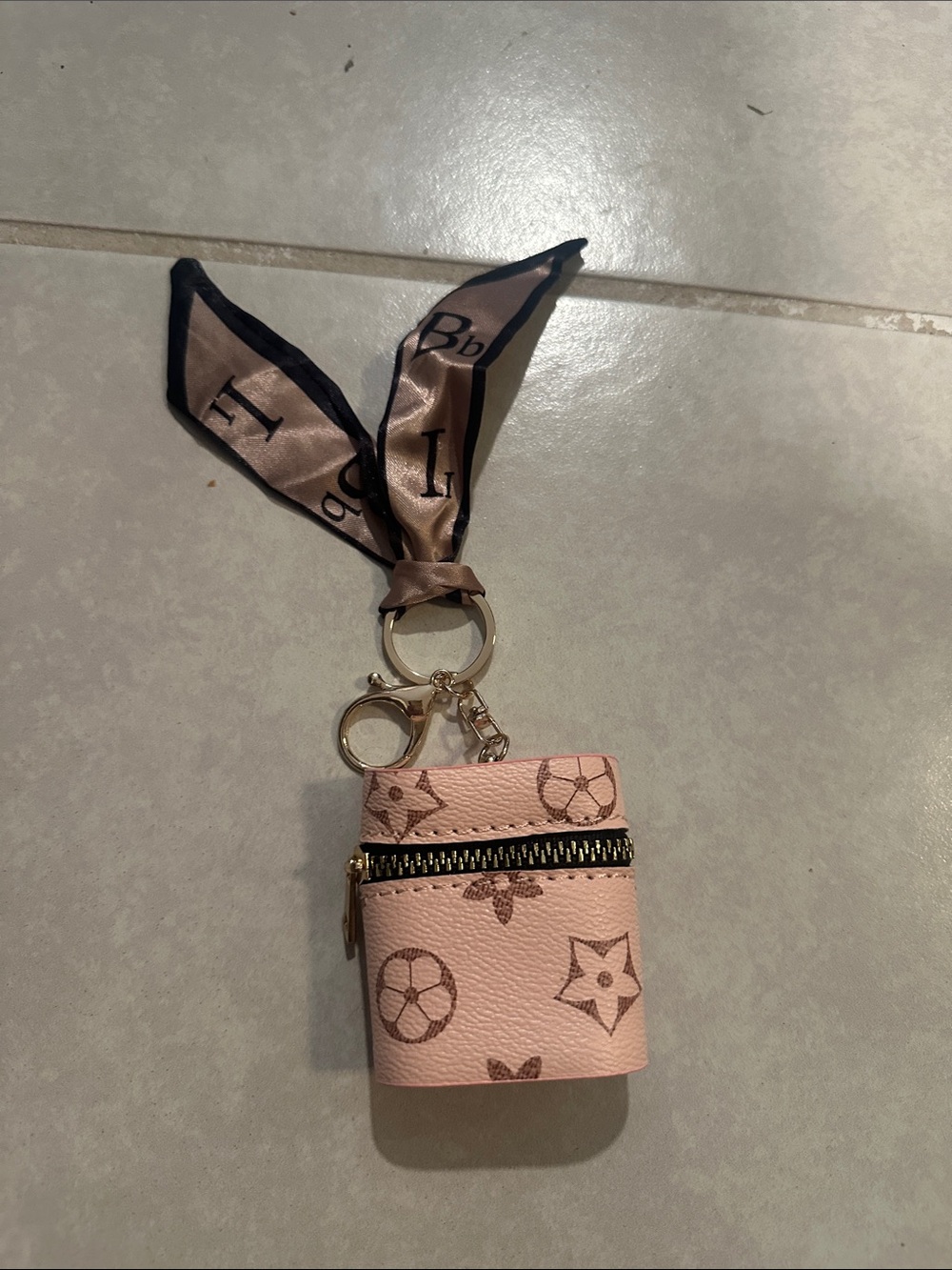 Designer-Inspired Pink Monogram Keychain Pouch with Scarf Tie NWT
